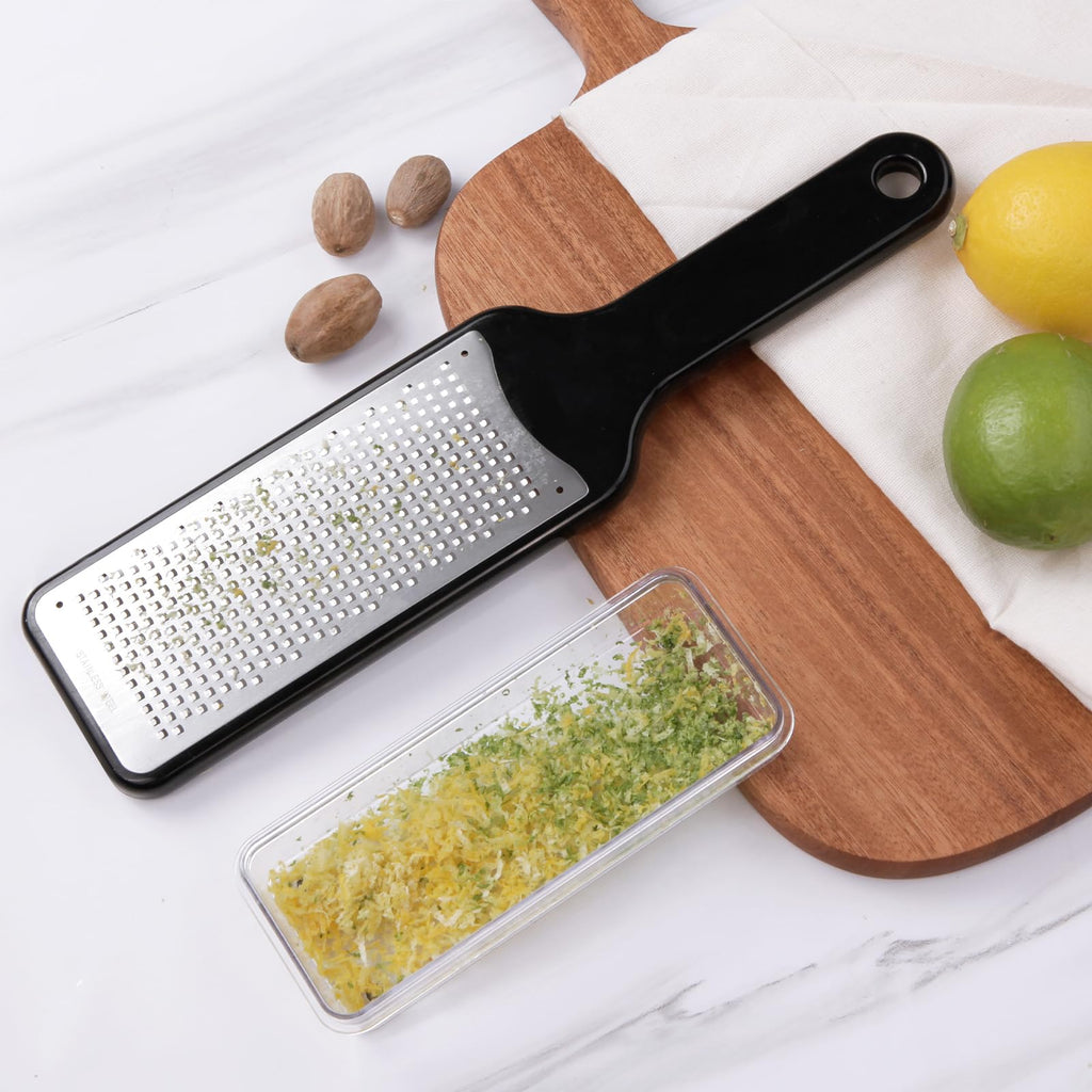 LHS Citrus Lemon Zester & Cheese Grater with Container - Zester Grater with Handle for Parmesan Cheese, Ginger, Garlic, Nutmeg, Chocolate, Fruits, with Anti-Slip Base, Dishwasher Safe