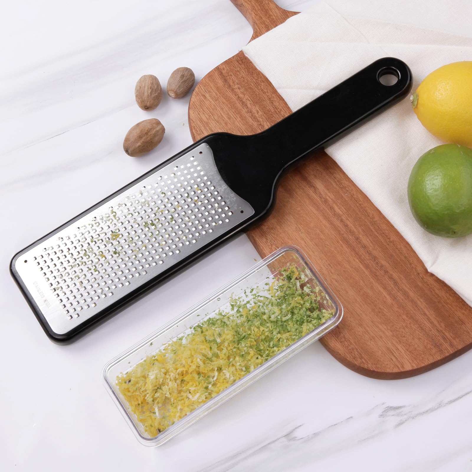 LHS Citrus Lemon Zester & Cheese Grater with Container - Zester Grater with Handle for Parmesan Cheese, Ginger, Garlic, Nutmeg, Chocolate, Fruits, with Anti-Slip Base, Dishwasher Safe