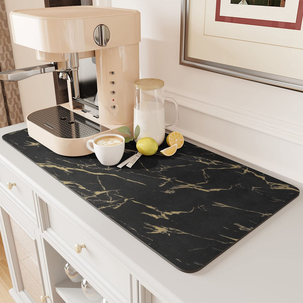 AMOAMI Coffee Mat Hide Stain Rubber Backed Absorbent Dish Drying Mat for Kitchen Counter - Fits Under Coffee Maker - KHAKI 16X24