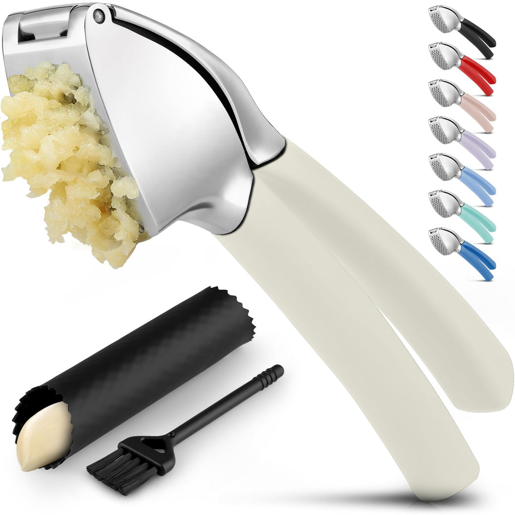 Zulay Kitchen Comfort Grip Garlic Press - Garlic Mincer Tool - Garlic Crusher - Garlic Press Mincer Rust Proof, with Soft Ergonomic Handle, Easy Clean Set with Peeler and Brush - White
