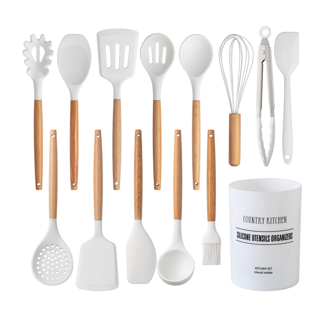 Country Kitchen Non Stick Silicone Utensil Set with Rounded Wood Handles for Cooking and Baking, 14 Piece Set, White