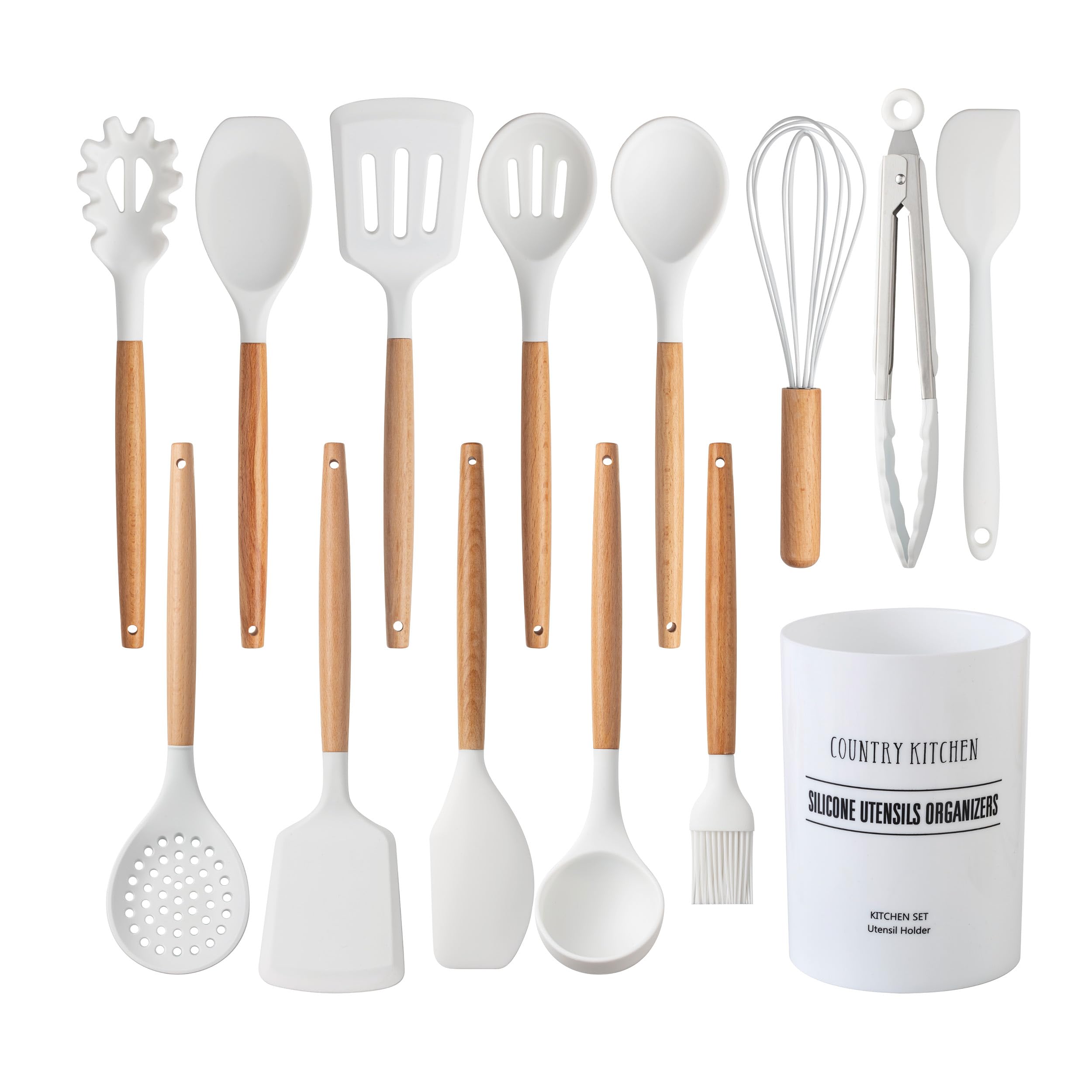 Country Kitchen Non Stick Silicone Utensil Set with Rounded Wood Handles for Cooking and Baking, 14 Piece Set, White