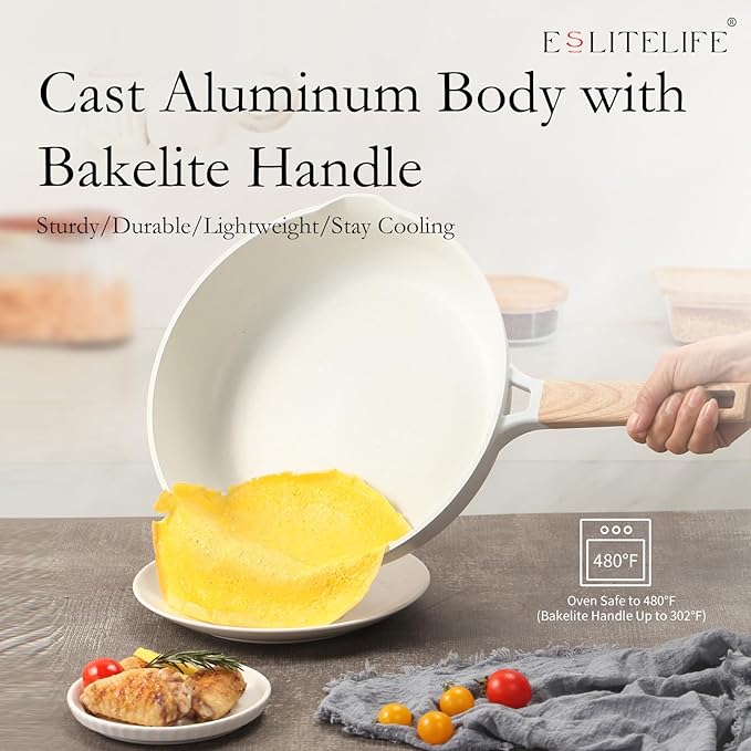ESLITE LIFE Nonstick Ceramic Frying Pan Skillet with Lid, Non-Toxic Egg Omelette Kitchen Cooking Pans Compatible with All Stovetops (Gas, Electric & Induction), PTFE & PFOA Free (White, 9.5" w/Lid)