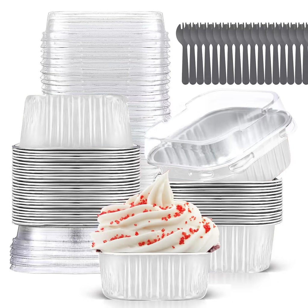 10oz Mini Cake Pans with Lids (40 Pack) Aluminum Foil Square Cupcake Liners Brownie Baking Cups,Disposable 4”x4” Large Cupcake Pan,Jumbo Muffin Tin Ramekins Holders