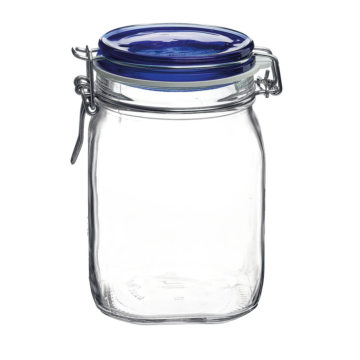 Bormioli Rocco Fido Glass Jar, Blue Lid - Serving & Entertaining Container - 33.75 oz Airtight Clamp Canister for Appetizers, Desserts, Snacks & Gifting - Italian Glass, Dishwasher Safe