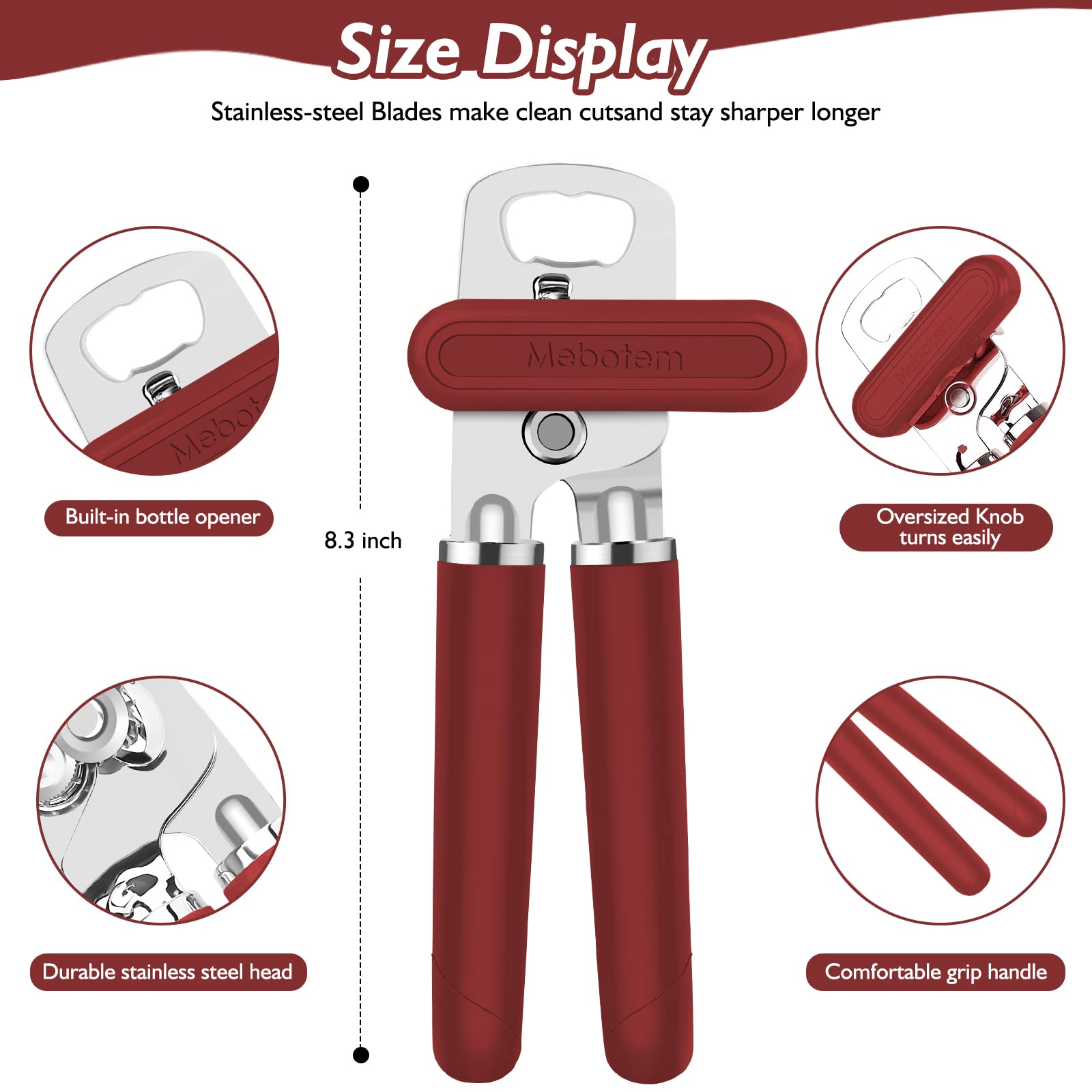 Mebotem 10 Colors Can Opener Manual Handheld Heavy Duty Hand Can Opener Smooth Edge Stainless Steel Can Openers Top Lid Kitchen Gadgets, Best Large Rated Easy Turn Knob, with Bottle Opener, Burgundy