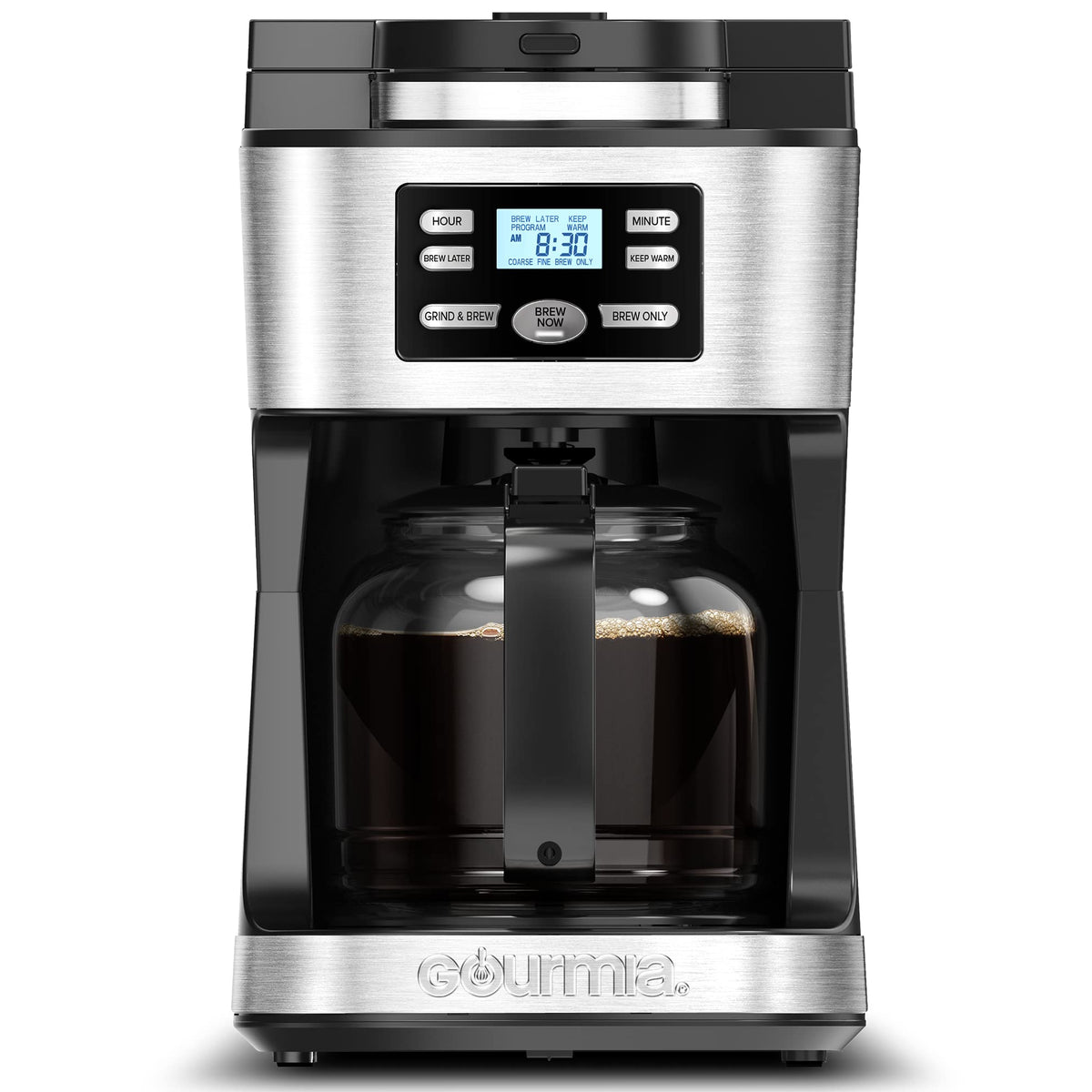 Gourmia Digital Coffee Machine 12Cup FullyAutomatic Large coffee maker integrated CoffeeGrinder,Pot,stainless steel mesh coffee filter 4Hr KeepWarm and Freshness Indicator GCM3180,Black and Silver