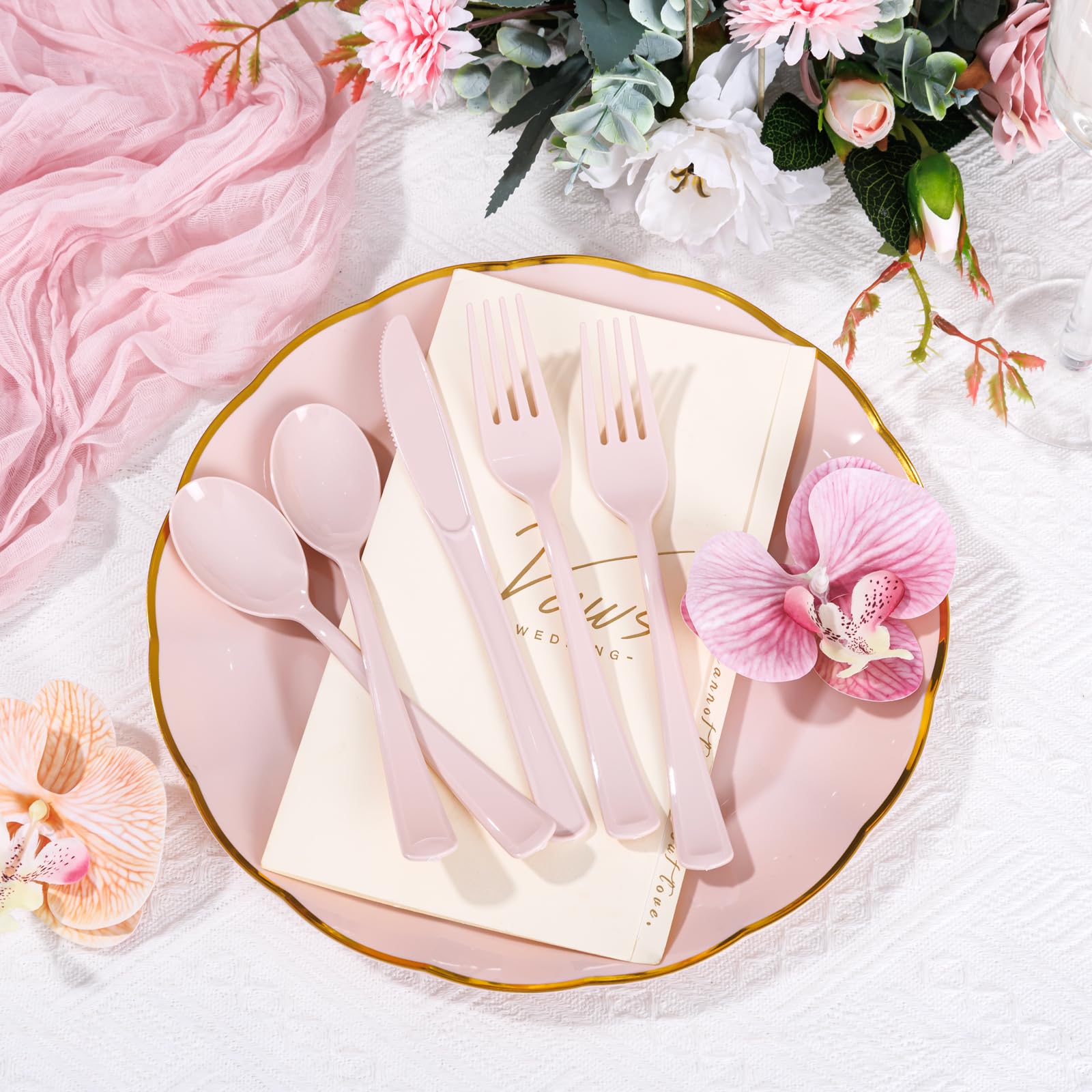 Supernal 300 Pieces Pink Plastic Silverware Heavy Duty Disposable Silverware Pink Utensils Disposable Cutlery Set 100 Forks 100 Knives 100 Spoons for Wedding Party Supplies Everyday Use