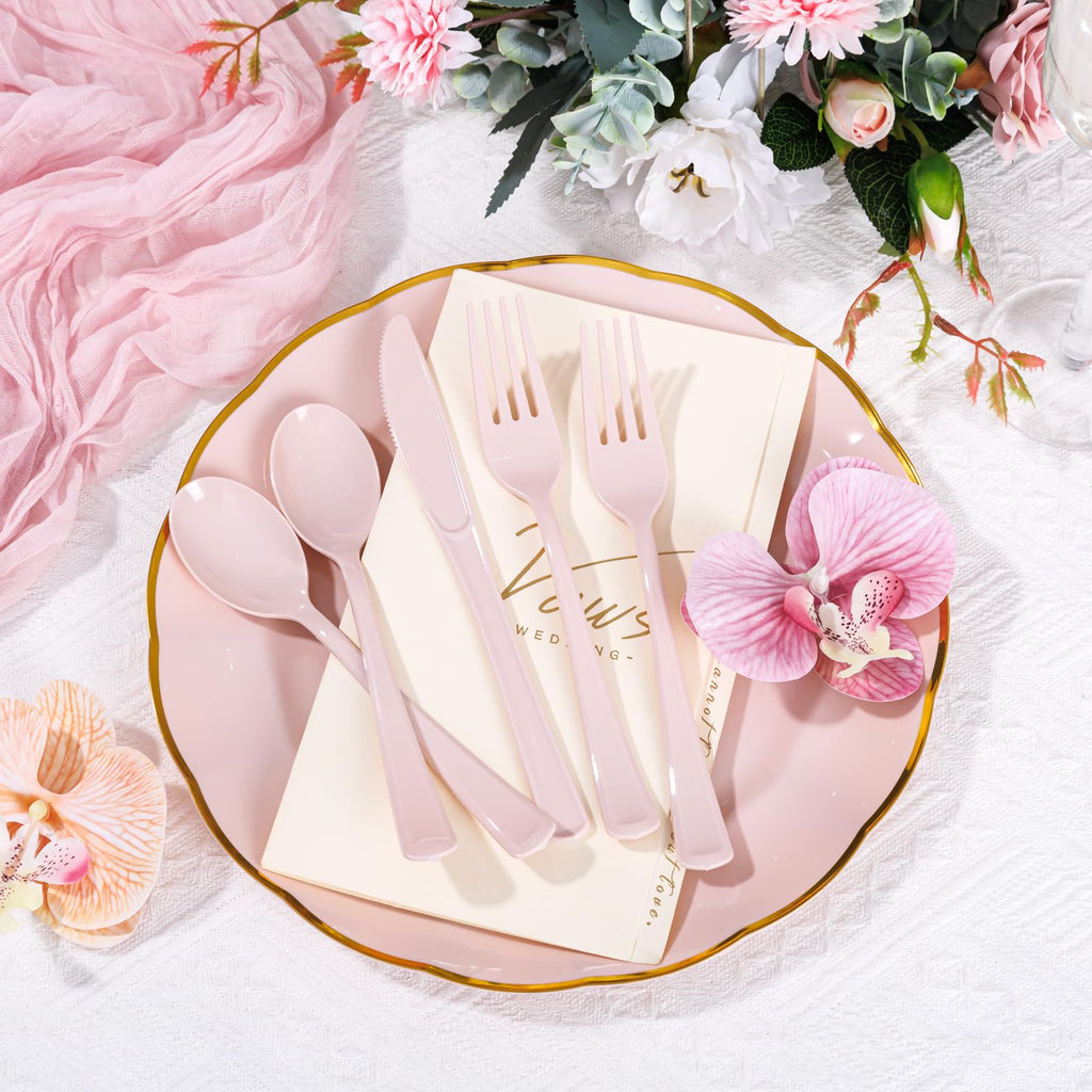 Supernal 300 Pieces Pink Plastic Silverware Heavy Duty Disposable Silverware Pink Utensils Disposable Cutlery Set 100 Forks 100 Knives 100 Spoons for Wedding Party Supplies Everyday Use
