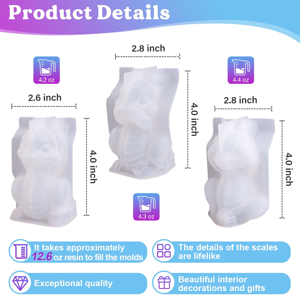 LET'S RESIN Dragon Resin Molds, 3 Pcs Lively 3D Animal Silicone Molds