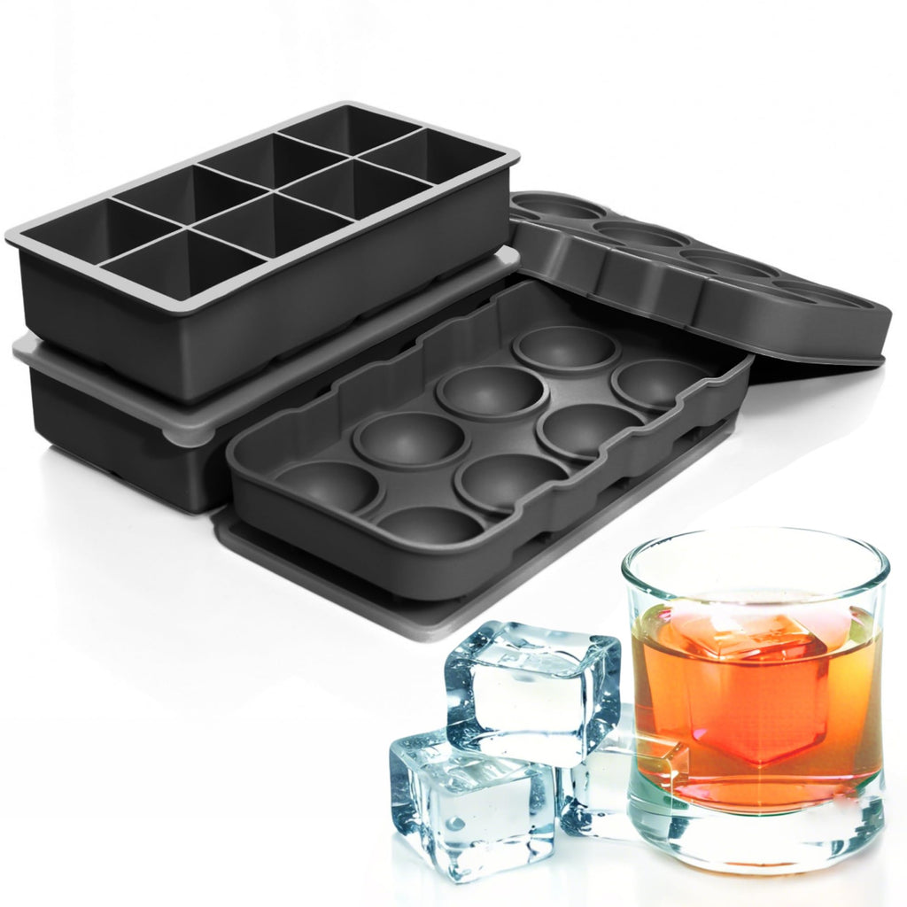 Large Ice Cube Trays Perfect for Whiskey and Summer Drinks - Italian Design - 2 Pack (16 x Ice Cubes | Square and Round | XL size) - Cosvino - Removable Lid, Easy Release (Tuxedo Black)