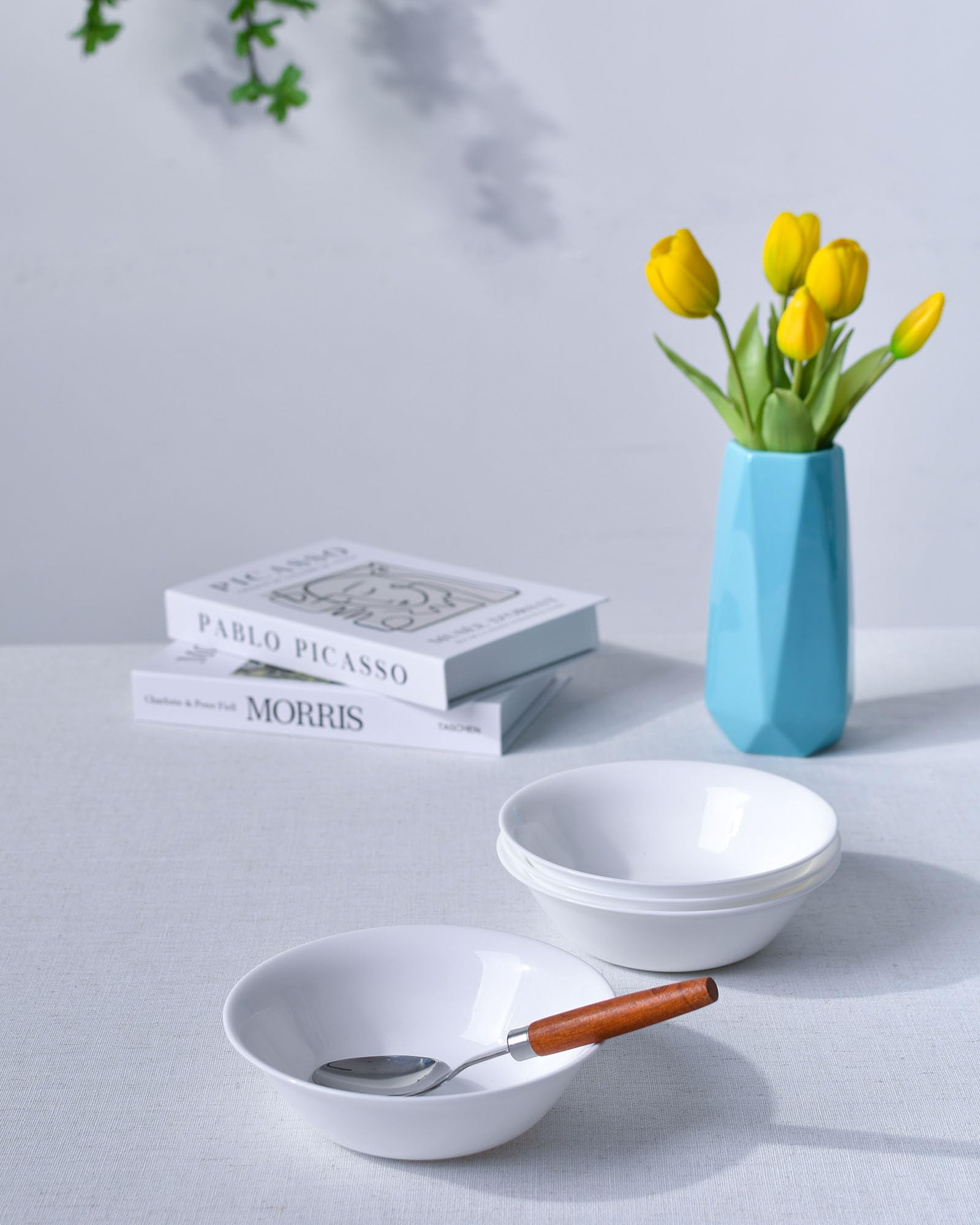 LaGlint 14 OZ (16 OZ MAX) White Opal Glass Cereal Bowl Set of 4, 6.5 inch Dishwasher & Microwave Safe Round Bowls for Soup, Salad and Rice