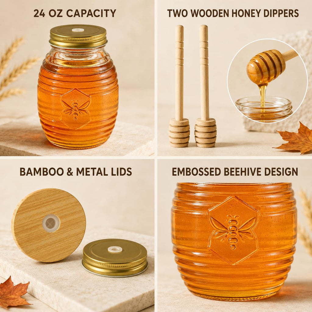 Kate Aspen 24oz. Bee Hive Shaped Honey Glass Mason Jar with Two Wooden Honey Dippers, Bamboo & Metal Lid, Kitchen Decor, Bumblebee Baby Shower Prize, Take Home Gift, Bee Decorations