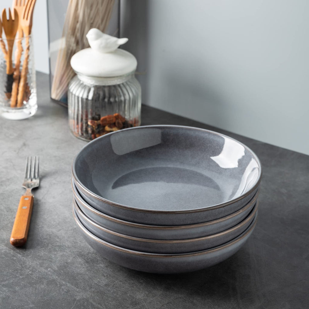 AmorArc 8.5'' Large Pasta Bowls, 36oz Stoneware Pasta Serving Bowls Set of 4 for Kitchen, Wide Bowls for Pasta,Salad,Fruit,Oatmeal, Microwave Safe, Reactive Glaze-Gray