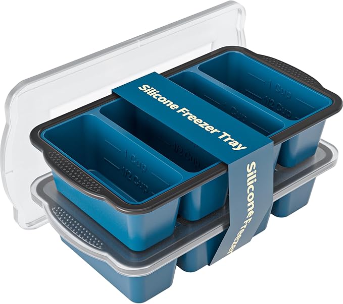 Silicone Freezer Tray With Lid, 8 Large 1 Cup Soup Freezer Molds, Soup Freezer Container for Meal Prepping, Large Ice Cube Tray， Perfect for Storing Leftovers, Sauces, Lasagna, 2-Pack