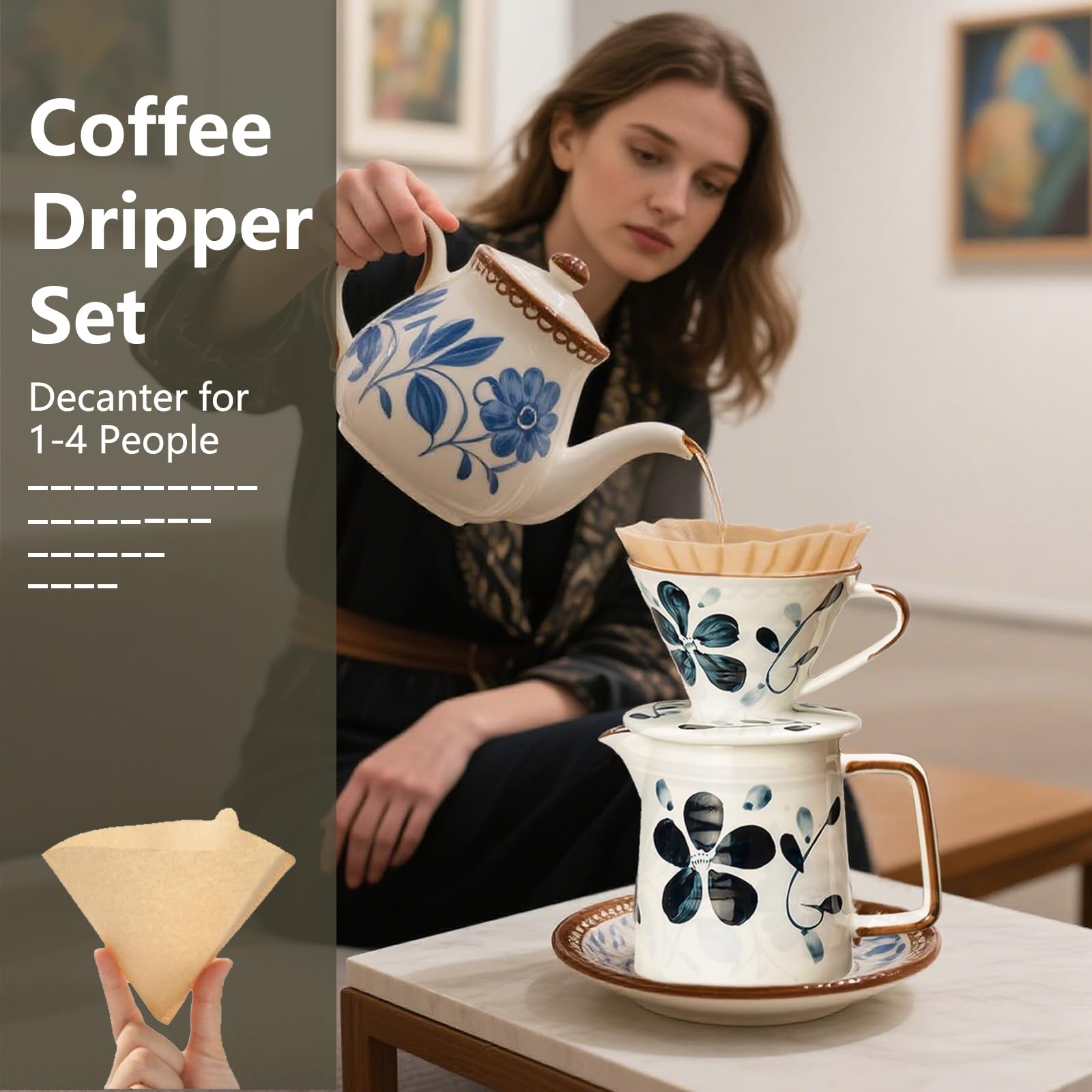 DYUEXI Ceramic Pour Over Coffee Maker Set, Ceramic Coffee Dripper with Single Hole, Coffee Pot & 100 Paper Filters for Home, Travel, Camping (1-2 Cup)