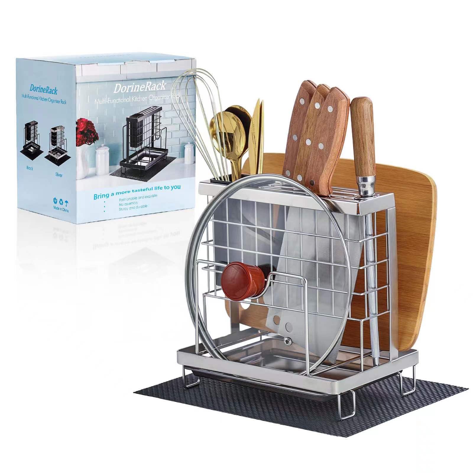 Knife Block Holder, Kitchen Knife Holder Storage Organizer，Utensil & Cutlery Caddy, Cutting Board Holder, Pot Lid Stand with Anti-Slip Pad for Countertop, Space-Saving (Silver)
