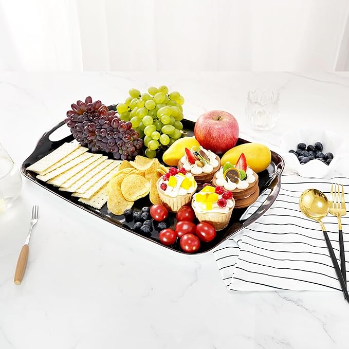 TP Serving Trays with Handles, 19 Inch Large Rectangular Melamine Serving Platter Set of 2, Retro Black