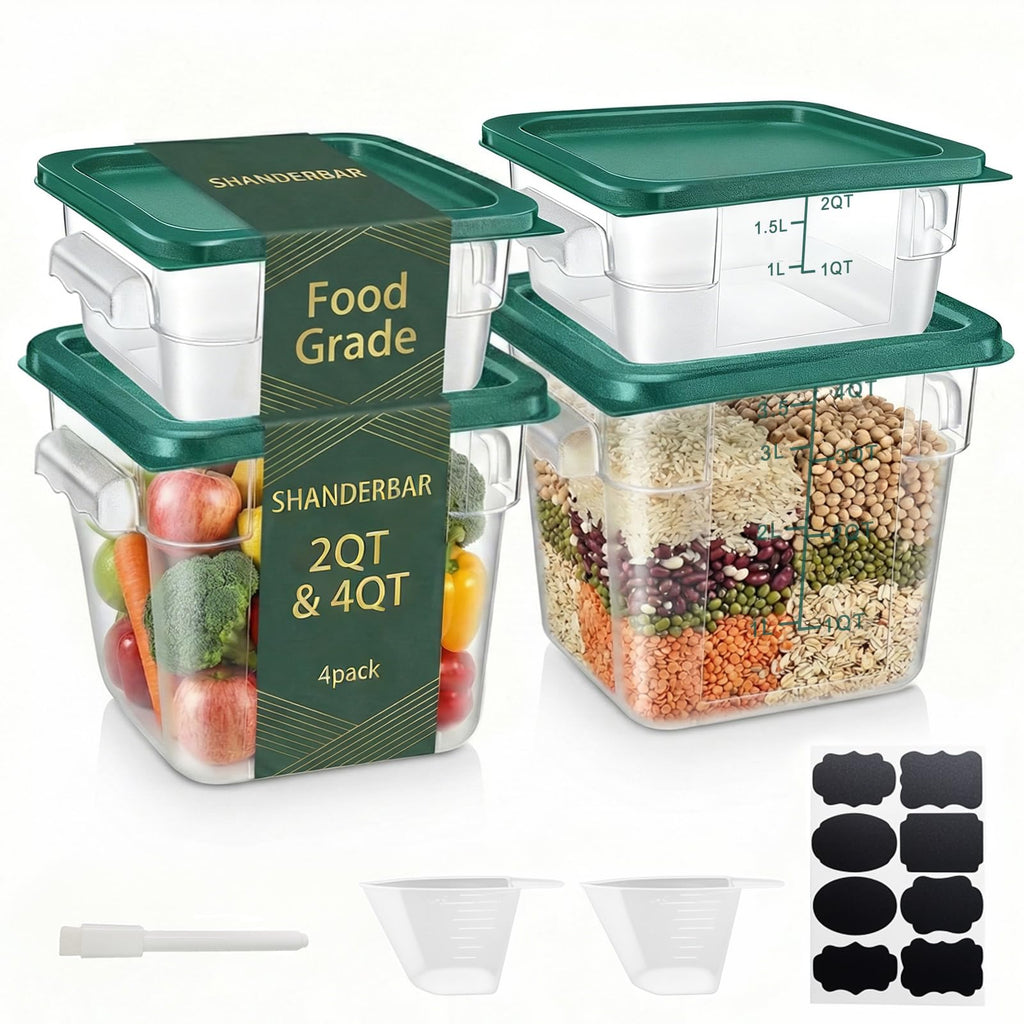 4 Pack 4QT Food Storage Containers with Green Lids - Square, Clear