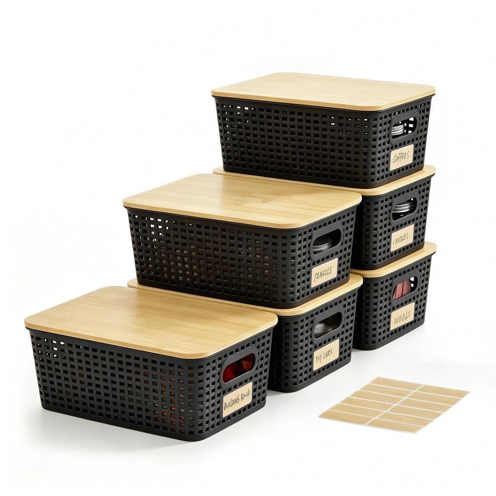 Bagnizer Small Plastic Storage Bins with Bamboo Lids 5.2qt Stackable Box Basket Pantry Decorative Containers Cute with Lable for Organizing Desktop Closet Office Gray of 6 packs 10 * 7.2 * 4.1"