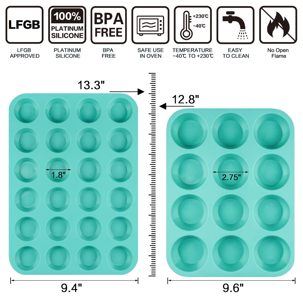 CAKETIME Silicone Muffin Pan Cupcake Pan Set - Mini 24 Cups and Regular 12 Cups Muffin Tin, Nonstick Food Grade Molds with 12 Baking Cups