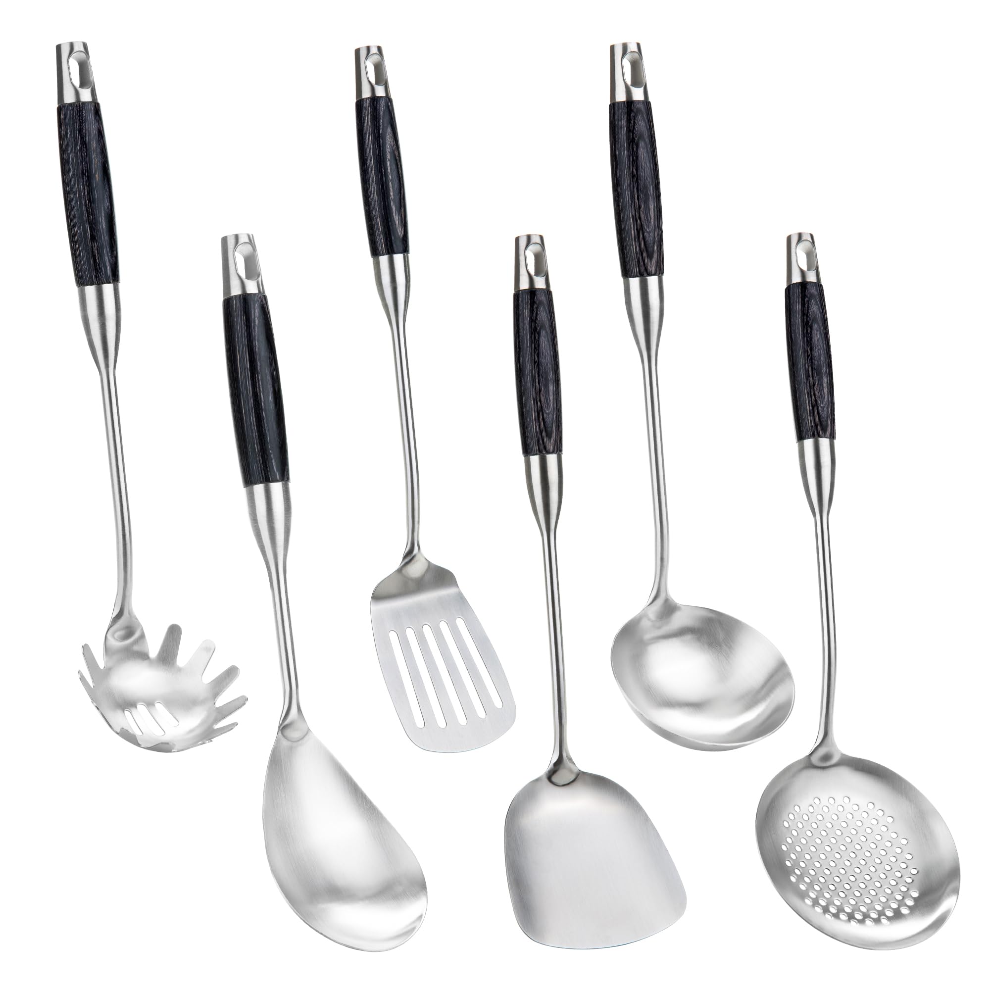 FJNATINH Stainless Steel Kitchen Utensils, Set of 6 Cooking Tools with Wooden Handle, Wok Spatula, Soup Ladle, Skimmer Spoon, Slotted Spatula Turner, Spaghetti Server, Solid Spoon