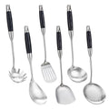 FJNATINH Stainless Steel Kitchen Utensils, Set of 6 Cooking Tools with Wooden Handle, Wok Spatula, Soup Ladle, Skimmer Spoon, Slotted Spatula Turner, Spaghetti Server, Solid Spoon