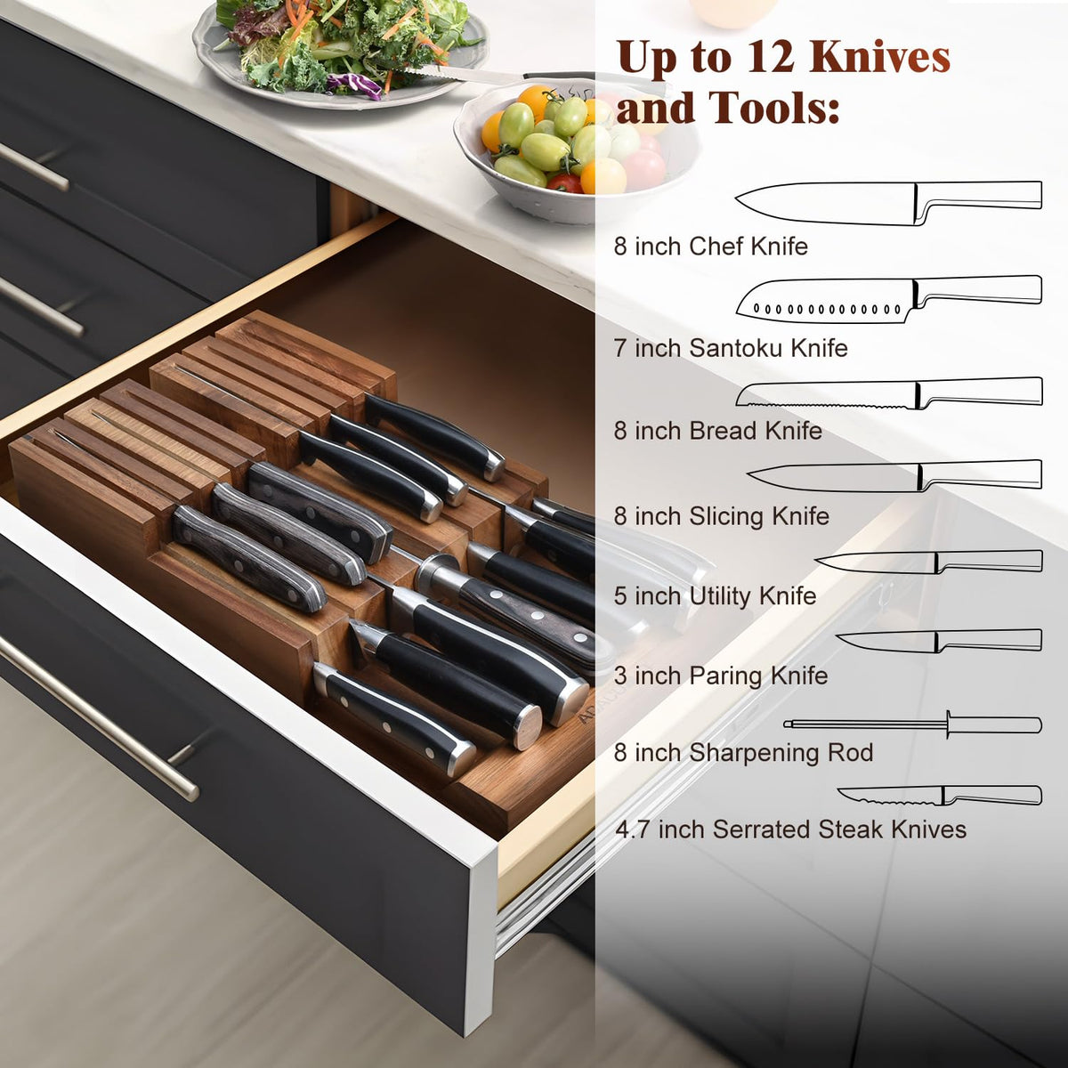 In-Drawer Knife Block without Knives, Acacia Wood Knife Drawer Organizer