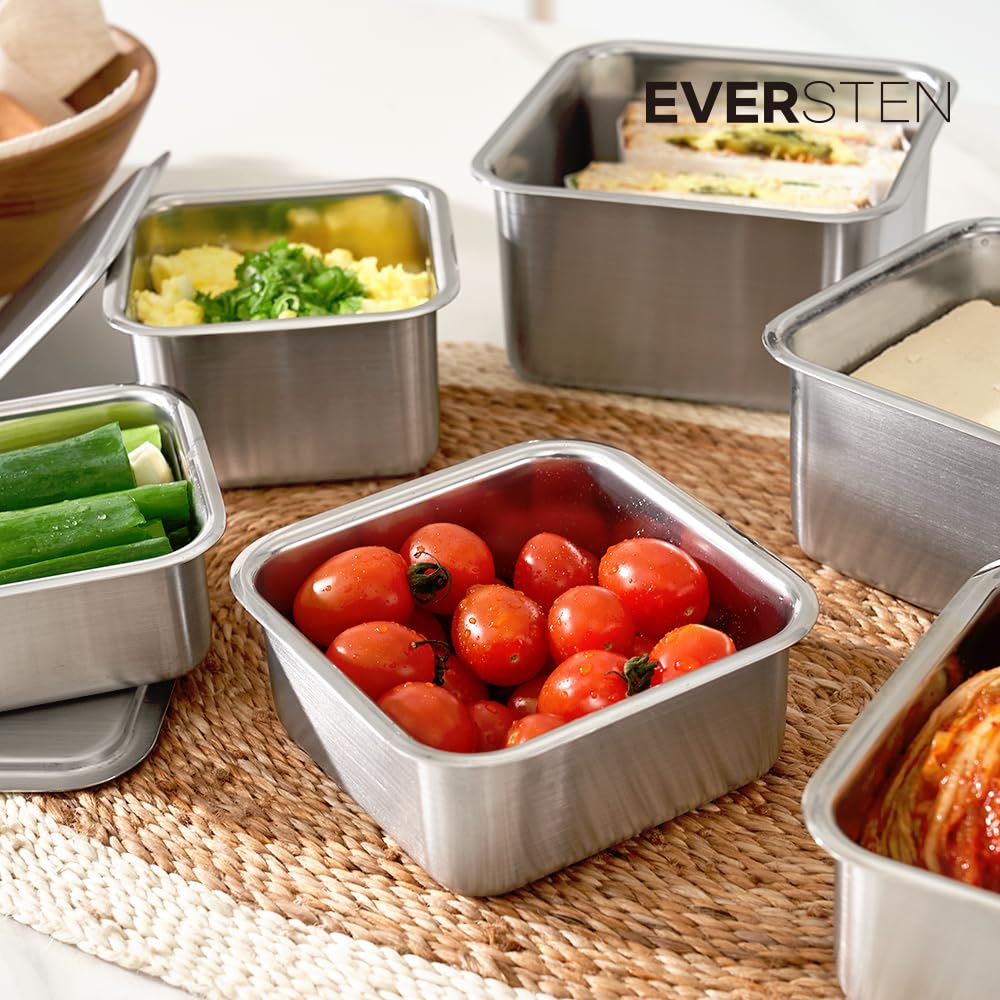 EVERSTEN CuBE High 3PCS Set Stainless Steel Food Storage Containers With Lids and 3 Net Kitchen Appliances Dishwasher Safe Premium South Korea