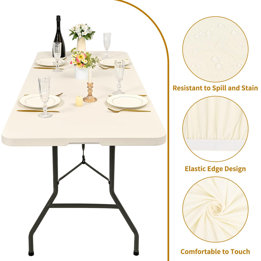 10 Pack Fitted Tablecloth for 8 Foot Rectangle Tables, Ivory Elastic Outdoor Picnic Table Cover, Washable Stretch Folding Table Cloths 8 ft for Camping Party Patio Kitchen Banquet, 30" W x 96" L