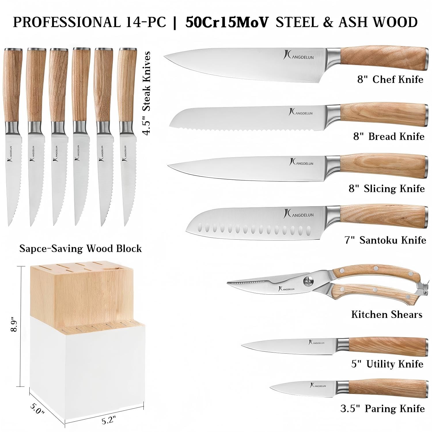 Kangdelun Ultra Sharp 14-Piece Kitchen Knife Set, High Carbon Stainless Steel Blades, Torrefied Natural Wood Handles, Ergonomic Design, Space-Saving White-Finished Wood Block, Easy Hand Wash, Gift Box