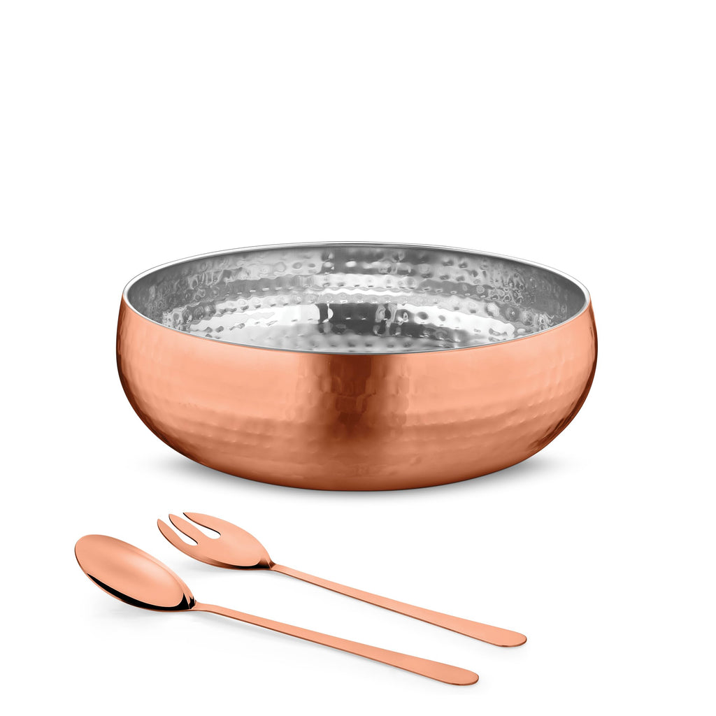 Avador® Set of 3 Premium Stainless Steel Salad Mixing Bowl Hammered Finish | Handmade | Includes Salad Serving Utensils (Stainless Steel)