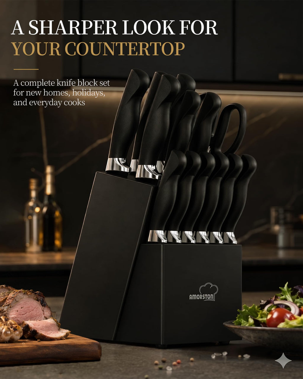 Amorston Knife Set 15 Piece Kitchen Knife Set with Block