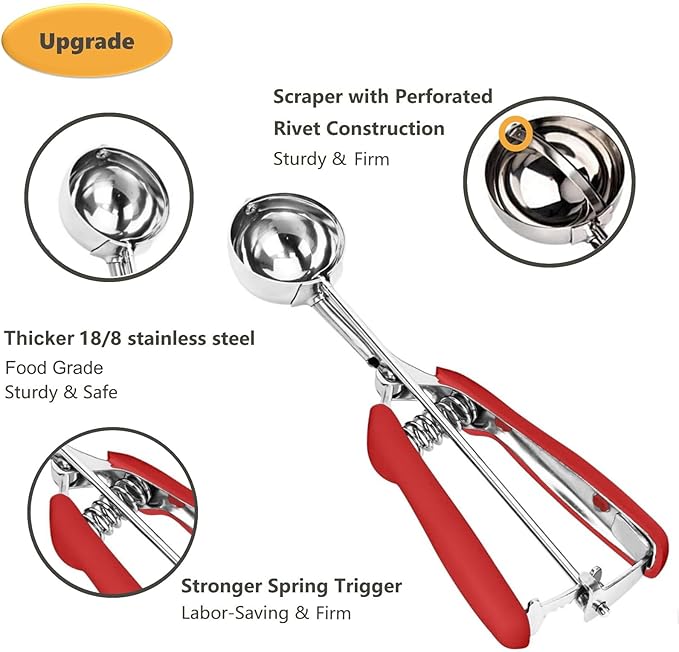 Red 2 Tbsp/ 30 ml/ 1 oz Stainless Steel Ice Cream & Cookie Scoop with Trigger Release