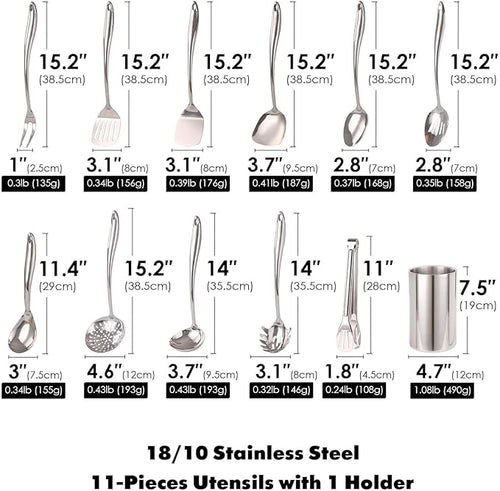 18/10 Stainless Steel Kitchen Utensils Set with Holder for Countertop