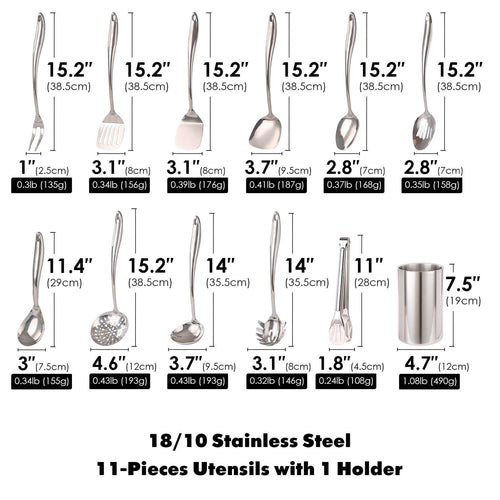 18/10 Stainless Steel Kitchen Utensils Set with Holder for Countertop
