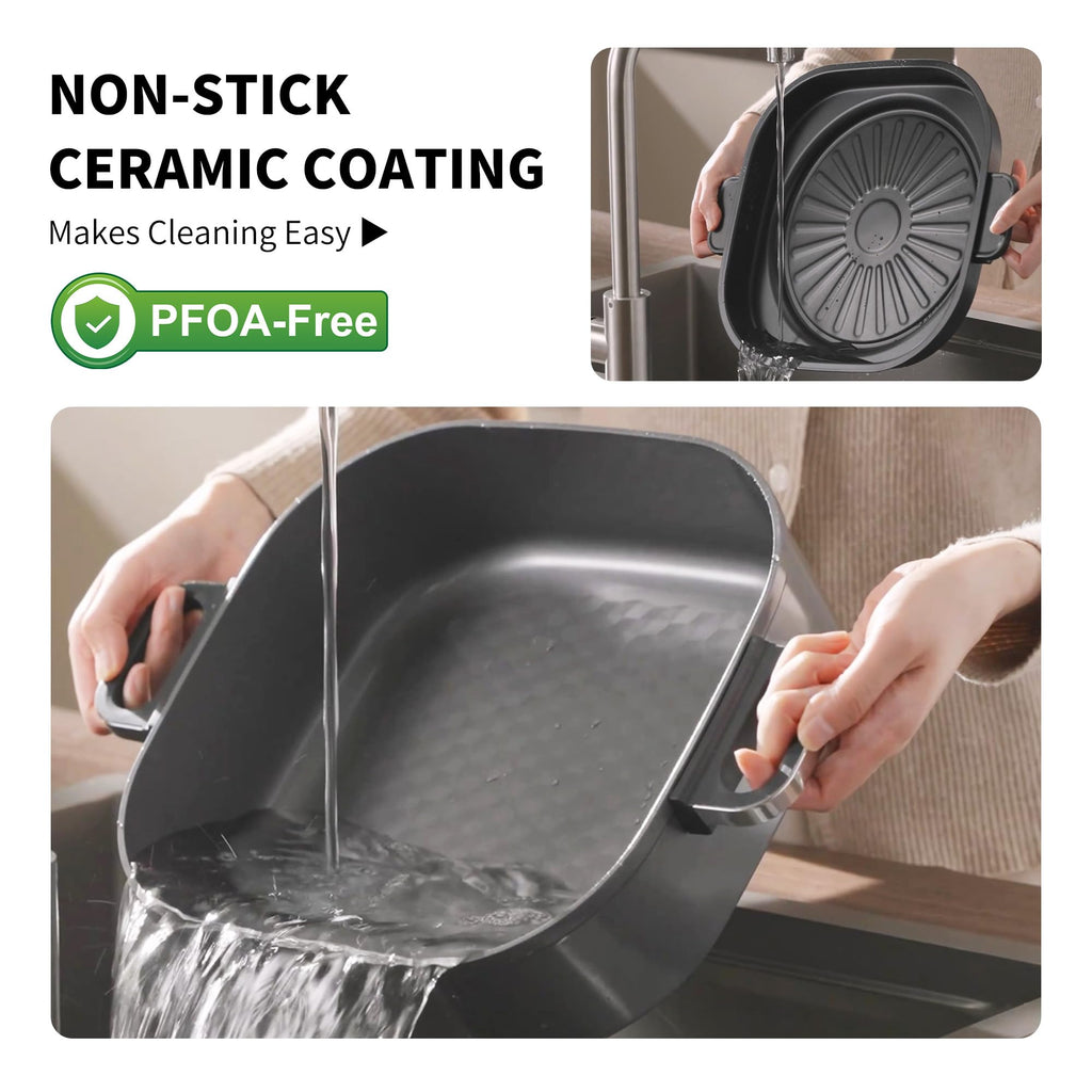 6-Quart Electric Skillet with Grill | Non-Stick PFOA-Free Ceramic-Coated Pot, 1600W, Timer & 3 Power Settings for Steak, Egg, Ramen (Includes Tongs) Pot & Grill