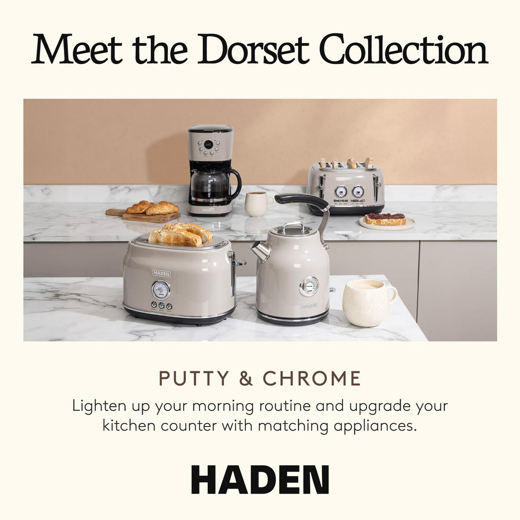 Haden 12 Cup Programmable Drip Coffee Maker Coffee Machine Bundled with Dorset 2 Slice Wide Slot Stainless Steel Toaster, Putty & Chrome