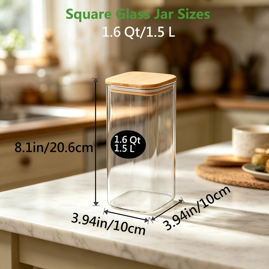 VIEWELLD 1.6 Qt Square Glass Storage Containers with Lids, Clear Food Storage Container Jar with Sealing Bamboo Lid for Noodles Flour Cereal Rice Sugar Tea Coffee Beans,Square Set of 3
