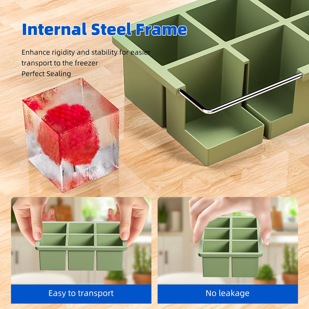 Large Ice Cube Tray for Whiskey 3 Pack, HANCELANT Big Silicone Square Ice Cube Mold with Removable Lid, 2'' Huge Square Ice Cubed Tray for Whisky and Cocktail(Blue+Green+Pink)
