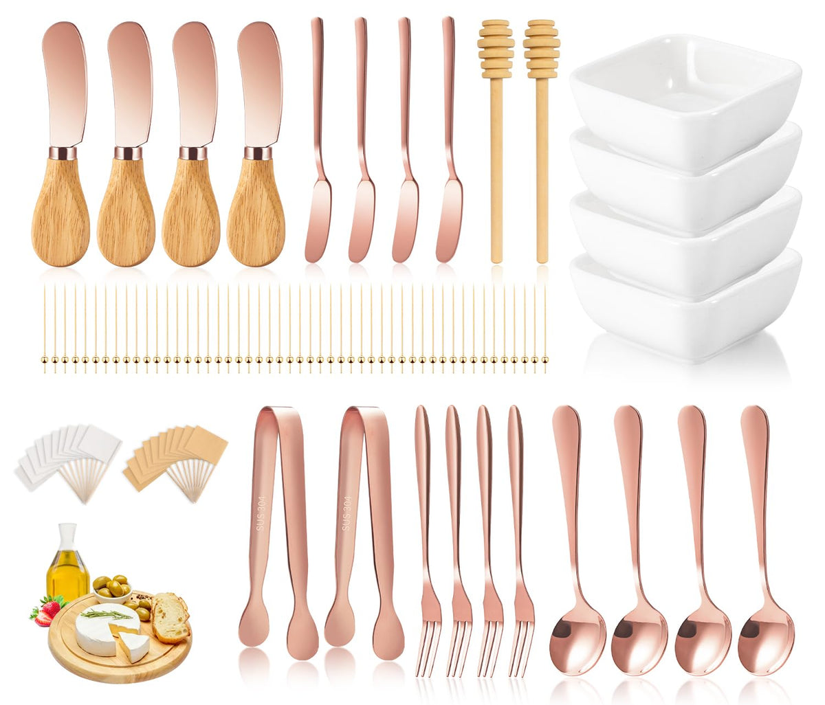 Charcuterie Board Accessories With 3 Oz Ceramic Dip Bowls, Wooden Handle Gold Cheese Spreader Butter Knive Set Kit, Mini Tongs, Spoons, Forks,Honey Dipper, Cocktail Picks