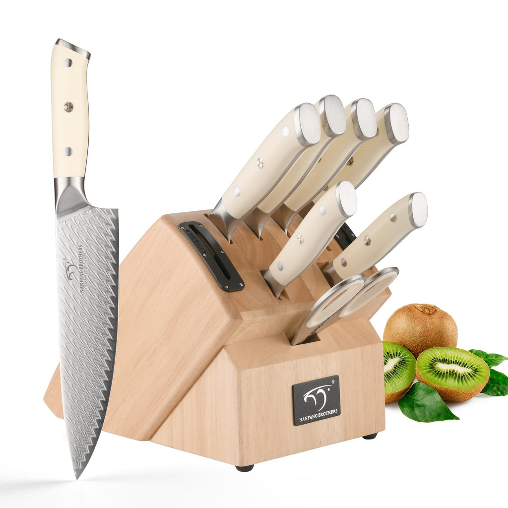 NANFANG BROTHERS® 10-Piece VG10 Damascus Knife Set, Rubberwood Block