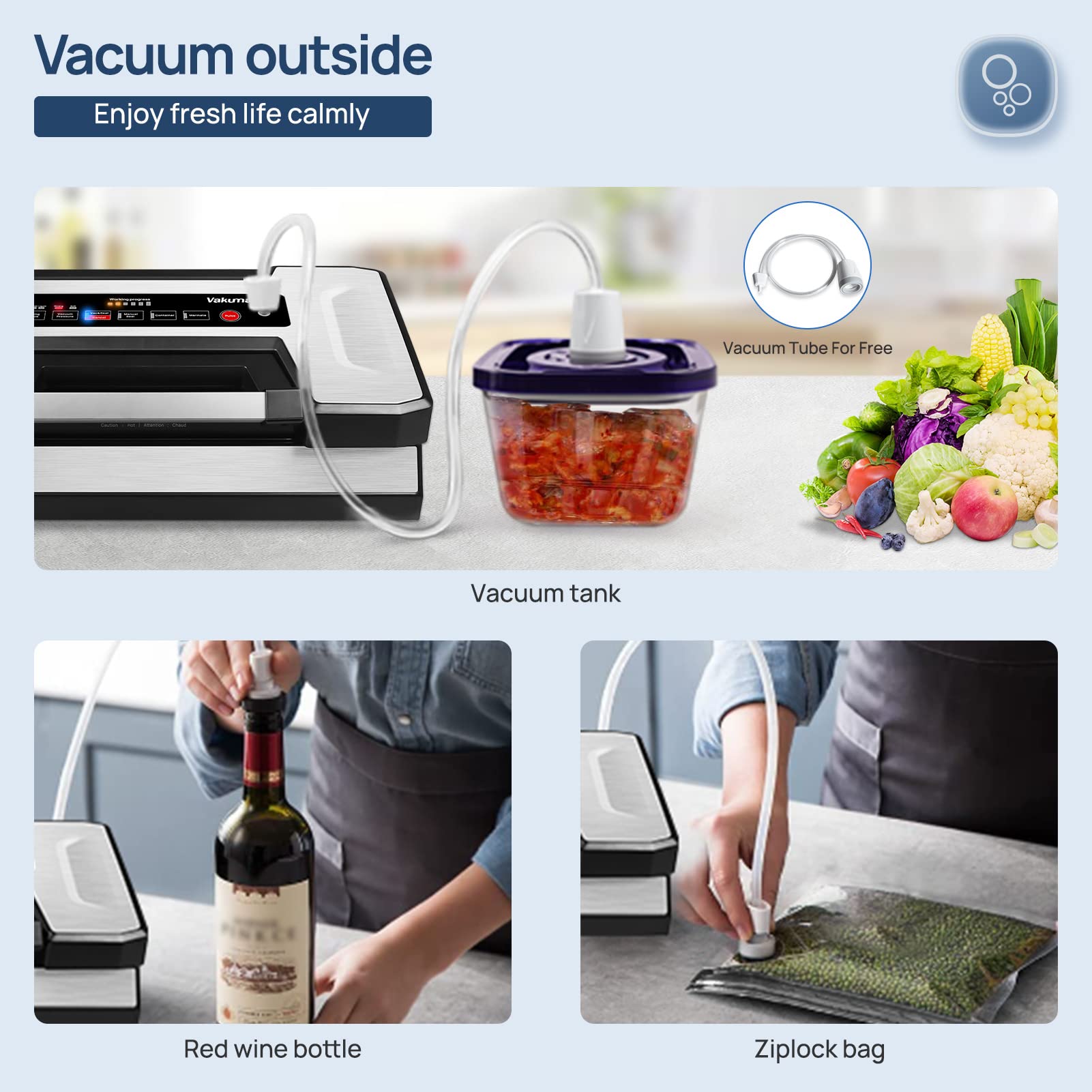 Vakumar Vacuum Sealer Machine, 90Kpa Liquid Food Vacuum Sealer Machine Preservation Dry/Moist/Liquid Modes, LED Indicator Light, Handle Locked Design, Built-in Cutter and Bag Storage, Starter Kit