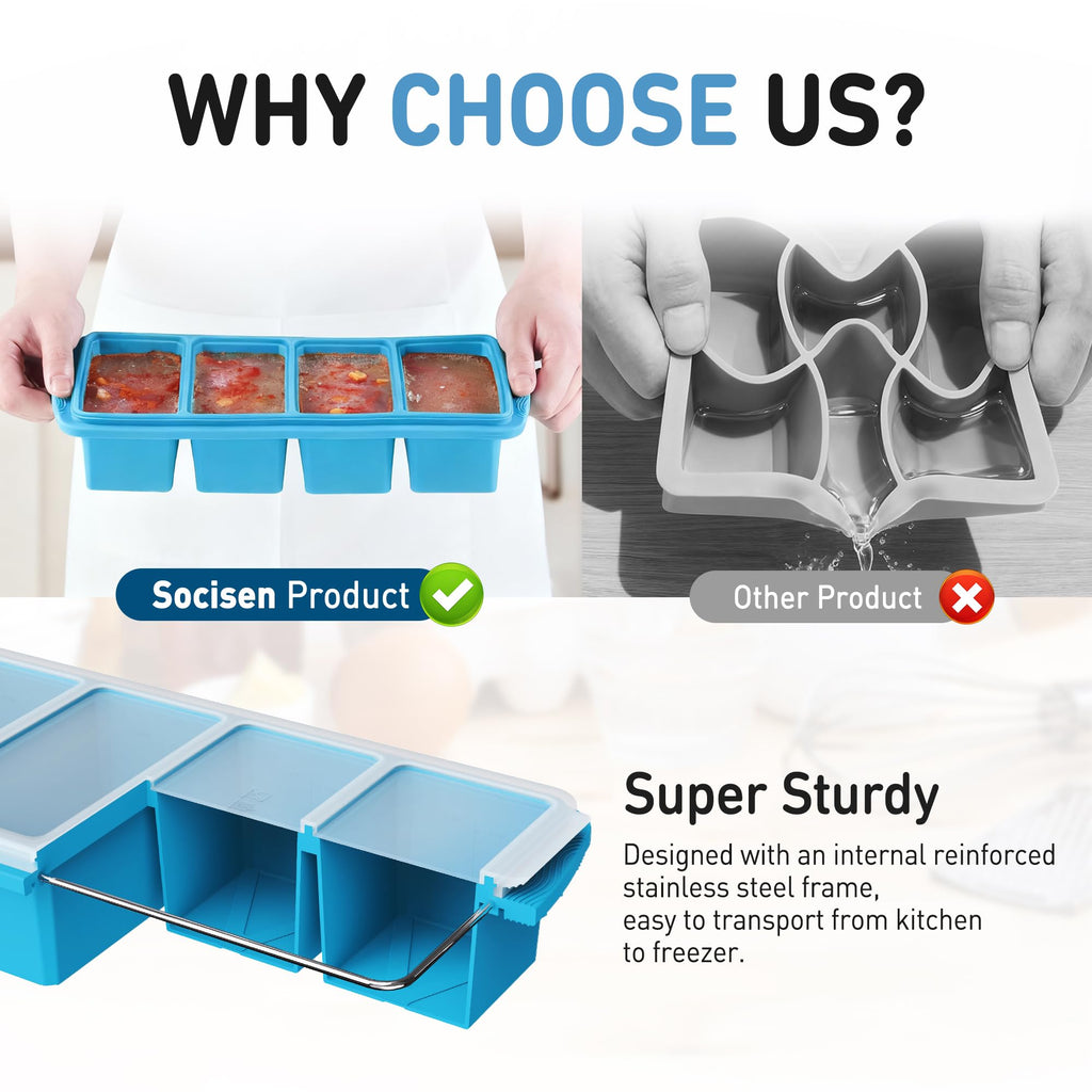 Silicone Freezer Tray with Lid Soup Freezer Container Molds with Steel Reinforced Rim for Freezing Soup Sauce Broth Leftovers large Ice Cube Molds Oven Dishwasher Safe Ice Trays for Freezer with Bin