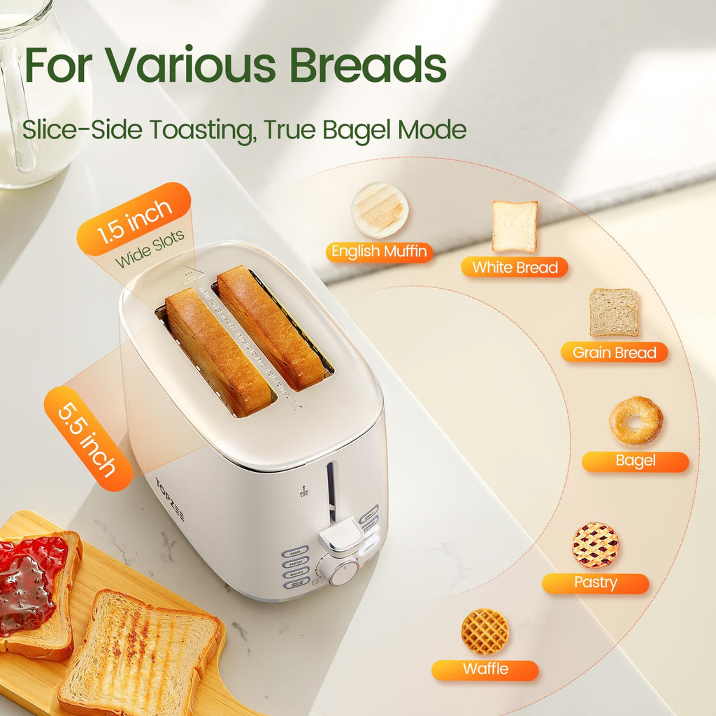 Topzee Toaster 2 Slice, Wide Slot for Toasting Bagel Muffin Waffle Gluten Free Breads, 7 Shade Settings, Defrost & Reheat, Stainless Steel, Easy Clean, White
