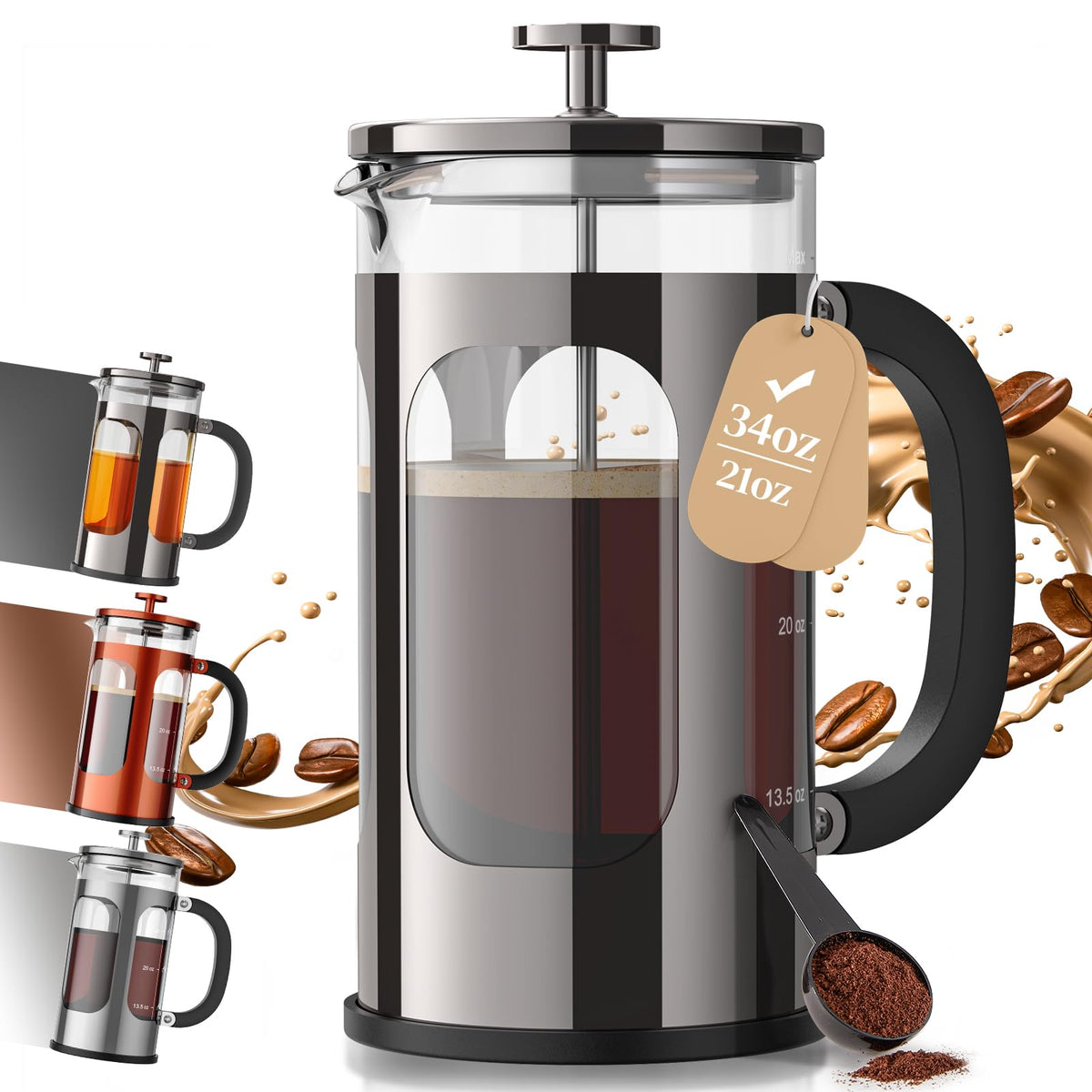 Veken French Press Coffee Maker,No Plastic Touching Cafe,34oz 1L Cafetera