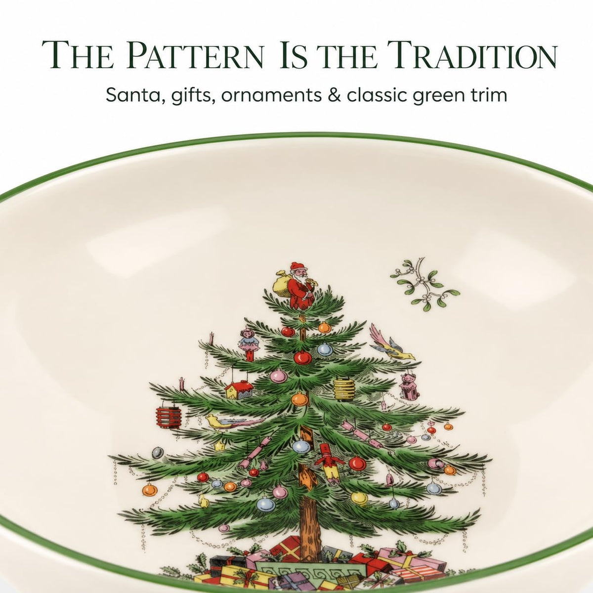 Spode Christmas Tree Large Round 10 Inch Bowl - Porcelain Serving Dish for Salad, Pasta, and Side Dishes - Iconic Holiday Design with Green Trim, Dishwasher, Microwave Safe - Festive Gatherings