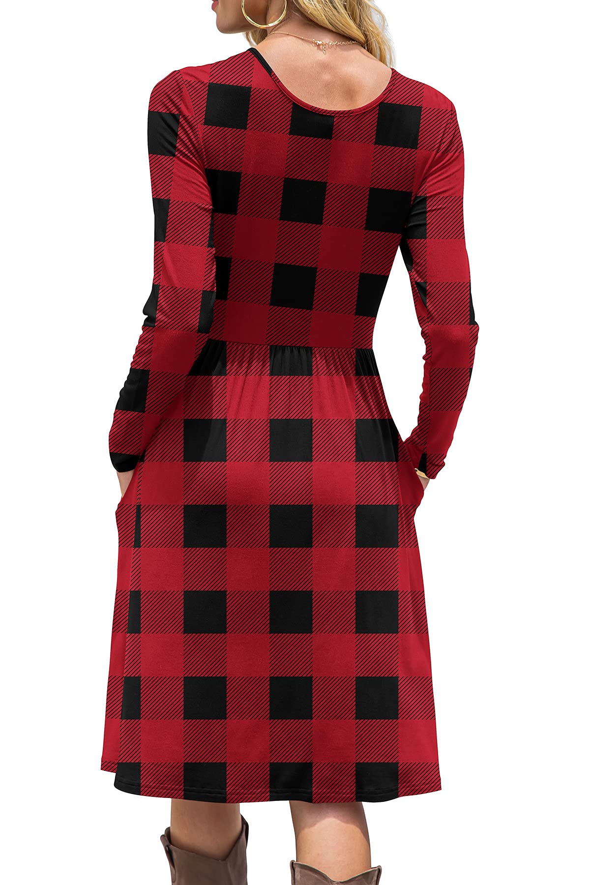 DB MOON 2026 Women Casual Long Sleeve Fall Dresses Empire Waist Knee Length Loose Dress with Pockets (Red Plaid, L)