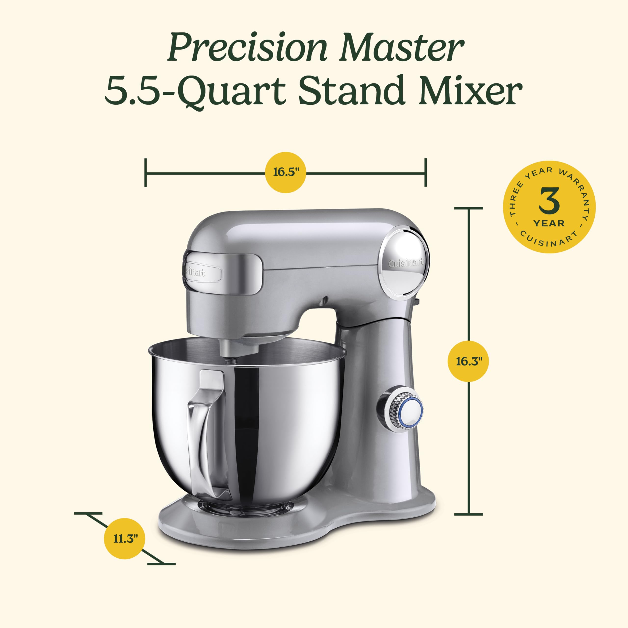 Cuisinart Stand Mixer, 12 Speeds, 5.5-Quart Mixing Bowl, Chef's Whisk, Flat Mixing Paddle, Dough Hook, and Splash Guard with Pour Spout, Silver Lining, SM-50BCNAS, Silver Lining