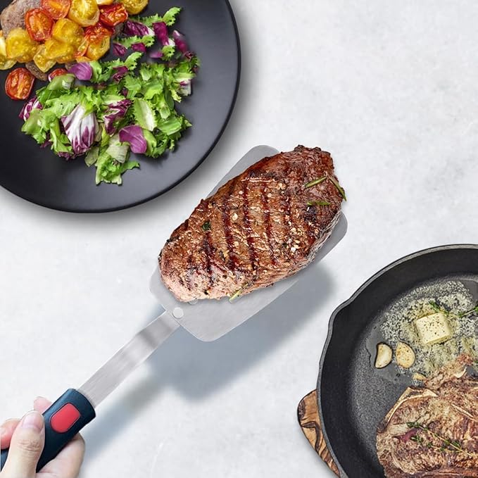 Stainless Steel Spatula, Flexible Metal Slotted Turner for Cast Iron Skillet, Thin Blade and Heat Resistant Silicone Handle, Great for Egg, Cookie, Meat, Crep, Large